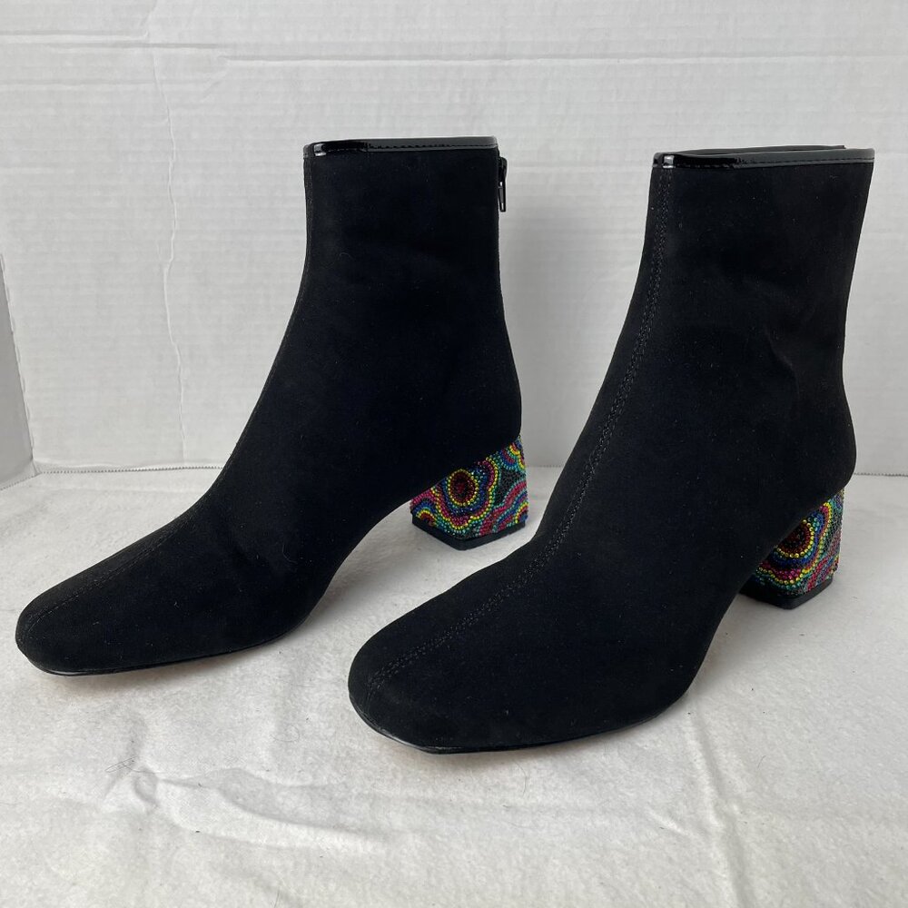 Betsey Johnson Floral Rainbow Rhinestone Heel Black Ankle Boot - Picture 3 of 9